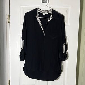 Diane Von Furstenberg Black Silk Button Down with Striped Trim